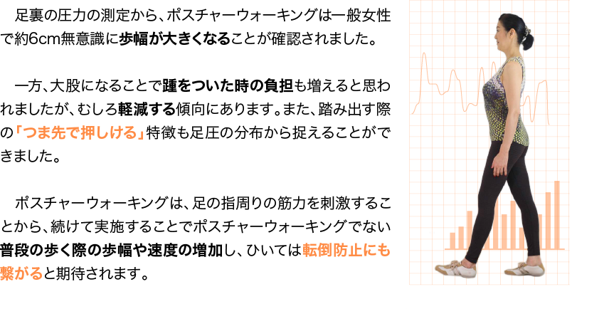 足裏の圧力の測定から、ポスチャーウォーキングは一般女性で約6cm無意識に歩幅が大きくなることが確認されました。一方、大股になることで踵をついた時の負担も増えると思われましたが、むしろ軽減する傾向にあります。また、踏み出す際の「つま先で押しける」特徴も足圧の分布から捉えることができました。ポスチャーウォーキングは、足の指周りの筋力を刺激することから、続けて実施することでポスチャーウォーキングでない普段の歩く際の歩幅や速度の増加し、ひいては転倒防止にも繋がると期待されます。
